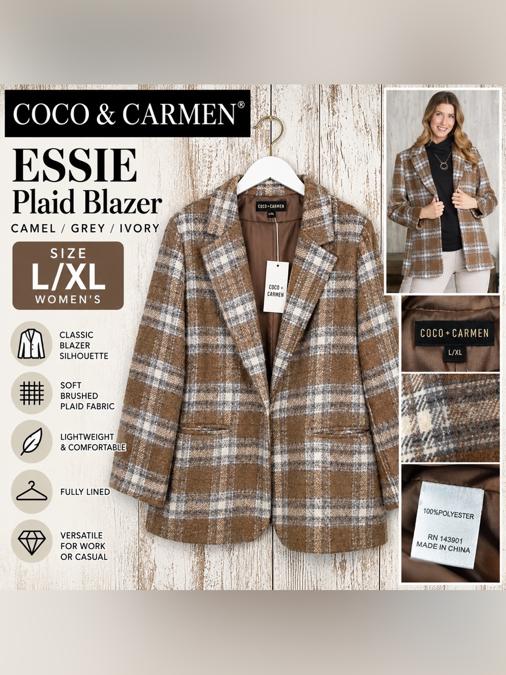 COCO & CARMEN Essie Plaid Blazer Camel Grey Ivory Women’s L/XL NWT